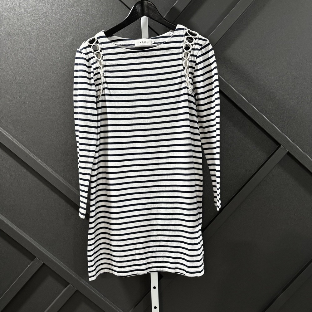 A.L.C. Chapman Striped Shift Dress Navy White Lace Up Long Sleeve Size S